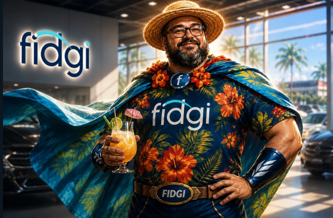 AI rendered of the Super-Fidgi character in a Hawaiian cape and shirt in front of a concession