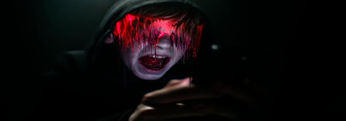 Image du vidéoclip Wicked Signal : personnage aux yeux rouges dégoulinants devant un écran